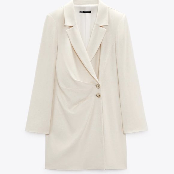 NEW ZARA LINEN BLEND BLAZER DRESS PLEAT BEIGE OFF WHITE IVORY 7875/939 SZ S - Picture 12 of 15